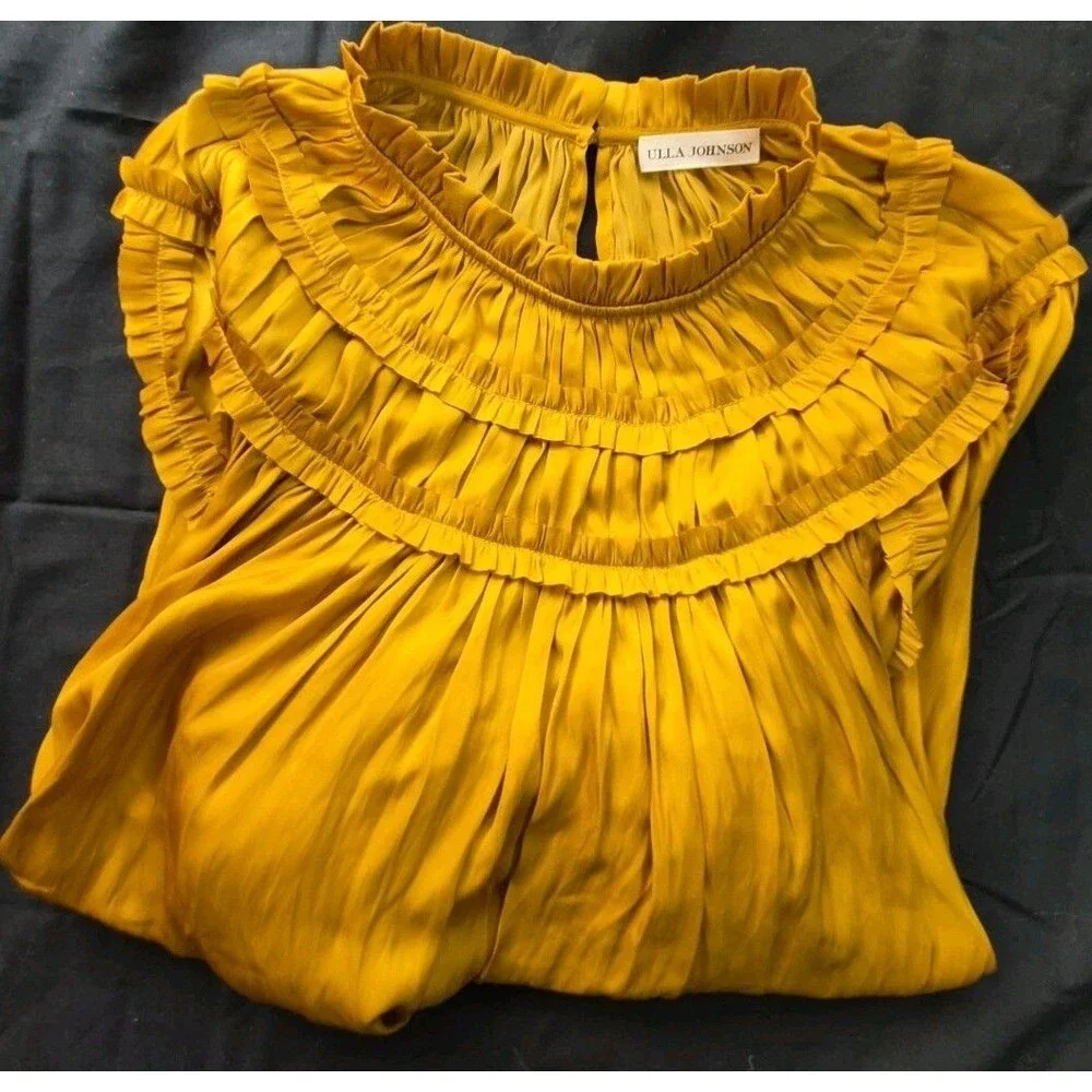 Ulla Johnson Aimee Pleated Short Puff Sleeve Top Womens Size 14 Goldenrod Color